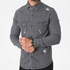 Le moins cher 🔥 Chemise Manches Longues Jean 6318 Gris Anthracite de Black Industry 🥰
