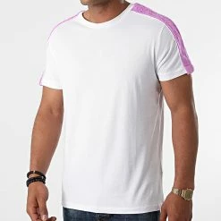 Vente flash 🛒 Tee 👕 Shirt A Bandes Fourrure T-140 Blanc Violet de Black Industry 🥰