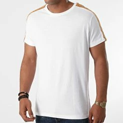 Offres 😉 Tee 👚 Shirt A Bandes Fourrure T-146 Blanc Marron de Black Industry 🎁