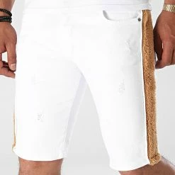 Grosses soldes ❤️ Short Jean A Bandes Fourrure P516 Blanc Marron de Black Industry 🧨
