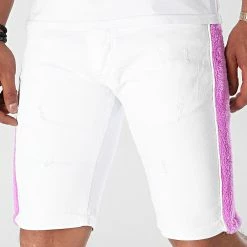 Bon marché 👍 Short Jean A Bandes Fourrure P460 Blanc Violet de Black Industry 😍