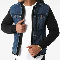 Tout neuf 🛒 Veste Jean A Capuche 3919 Bleu Brut Noir de Black Industry ⌛