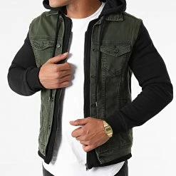 Offres 😉 Veste Jean A Capuche 9319 Vert Kaki Noir de Black Industry ❤️