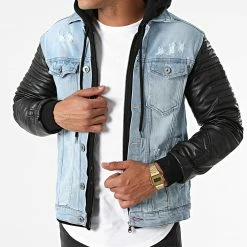 Vente flash 😉 Veste Jean A Capuche 3222 Bleu Denim Noir de Black Industry 🥰