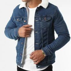 Sortie ❤️ Veste Jean Slim Fit Col Mouton 341 Bleu Denim de Black Industry 🥰