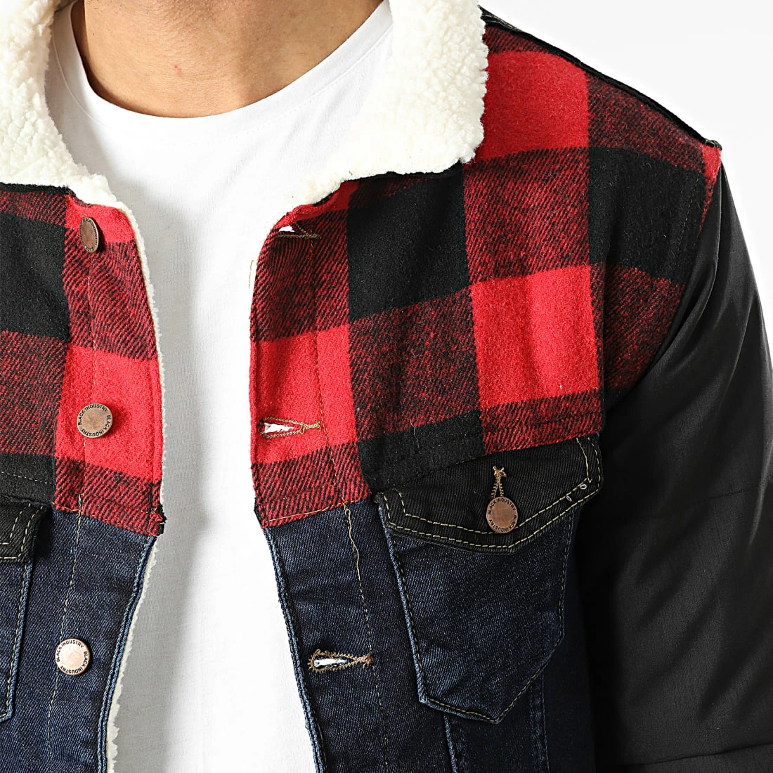 Top 10 🔥 Veste Jean Col Mouton A Carreaux FR-413 Bleu Denim Rouge de Black Industry 🤩 4 Top 10 🔥 Veste Jean Col Mouton A Carreaux FR-413 Bleu Denim Rouge de Black Industry 🤩 – Image 2